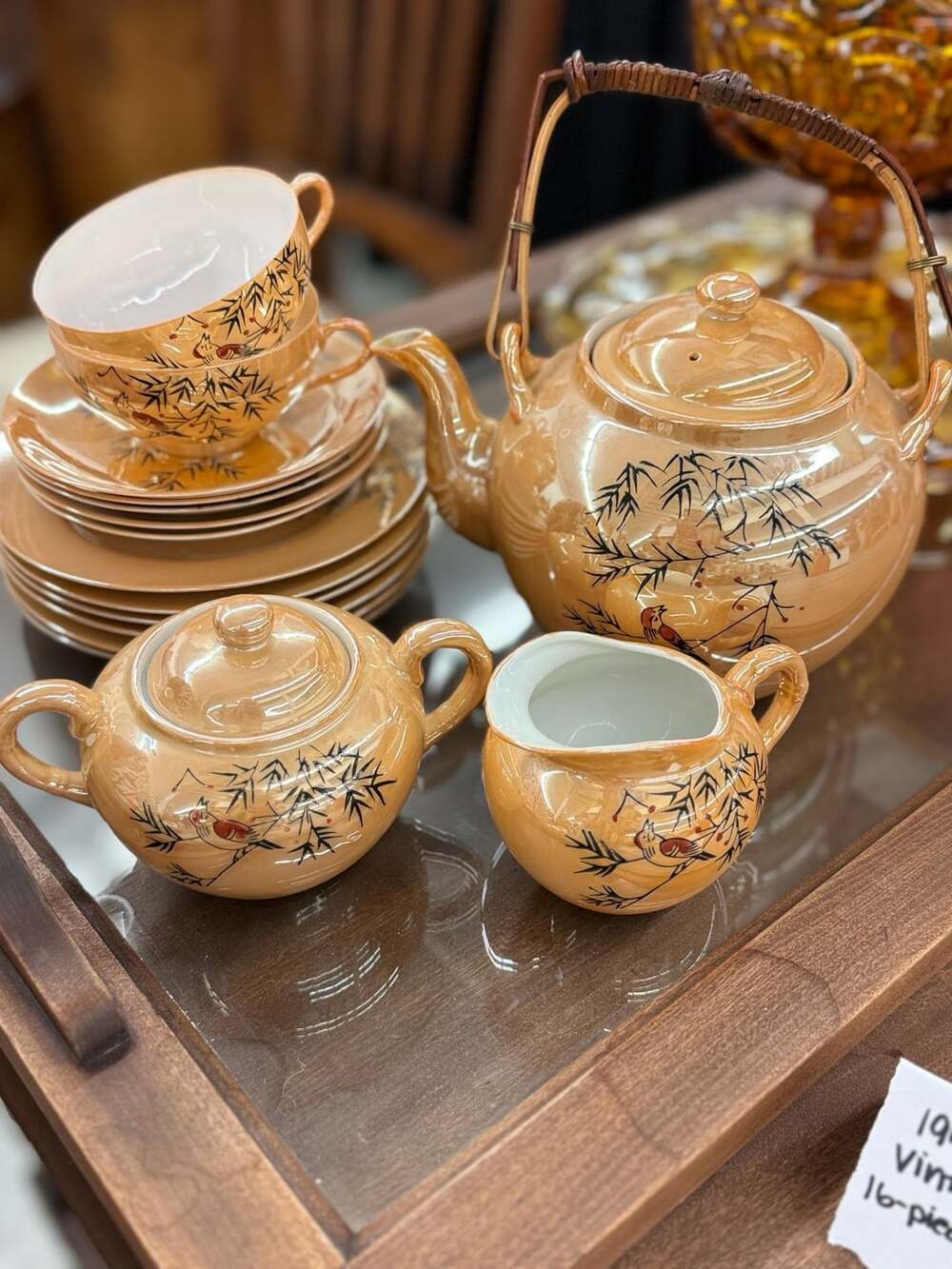 VTG Japanese Lusterware Peach Porcelain Tea Set Bamboo Bird